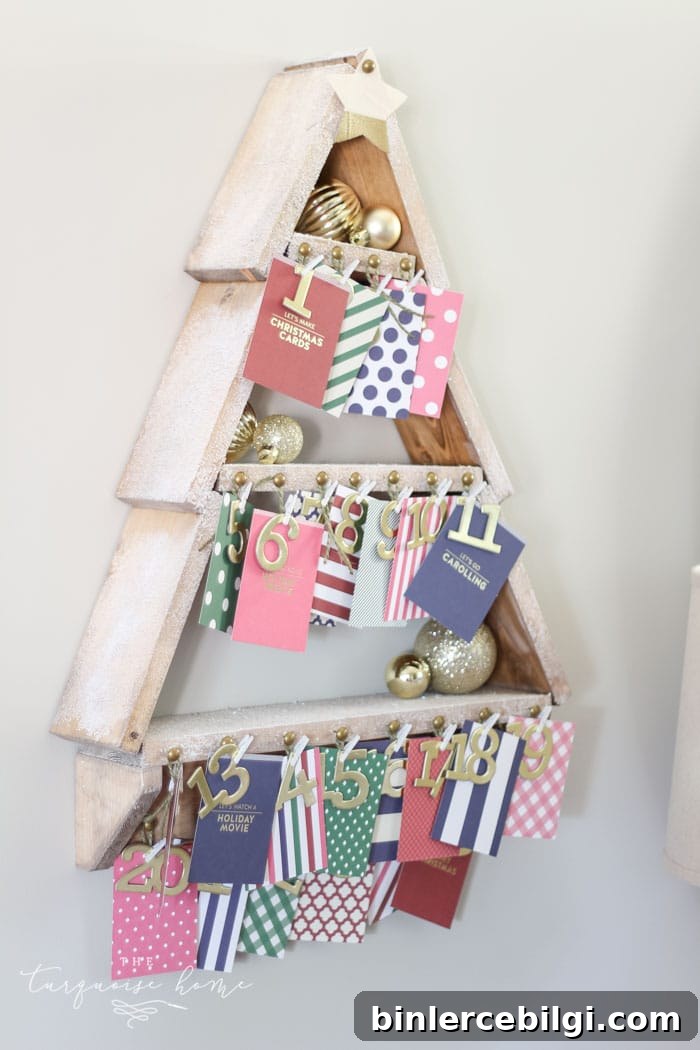The most adorable DIY snowy Christmas Tree Shelf lends itself to the perfect spot for an advent calendar. LOVE it!!