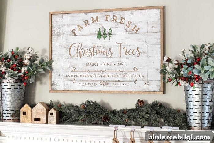 A Farm Fresh Christmas Trees Mantel. Rustic, farmhouse Christmas decor.