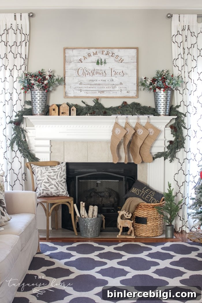 A Farm Fresh Christmas Trees Mantel. Rustic, farmhouse Christmas decor.