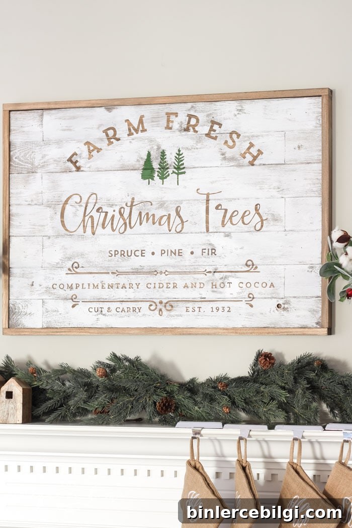 A Farm Fresh Christmas Trees Mantel. Rustic, farmhouse Christmas decor.