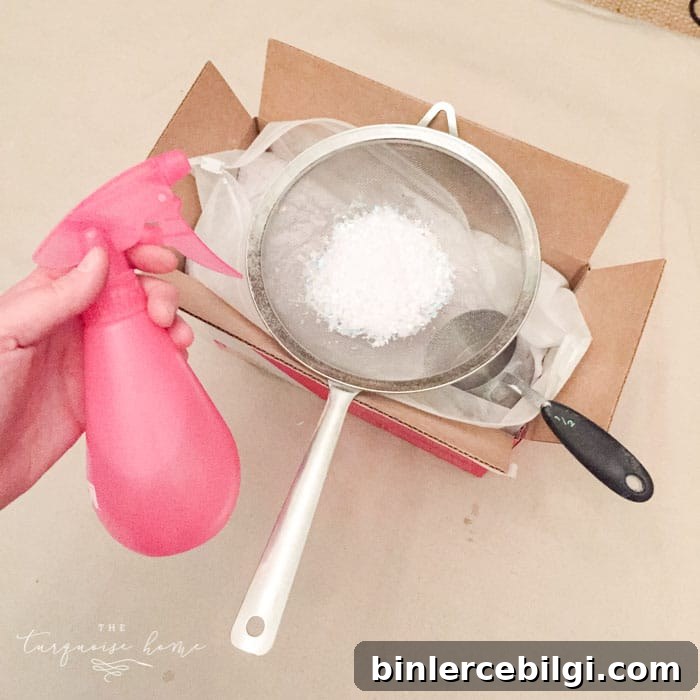 Supplies: flocking powder, strainer, and spray bottle.