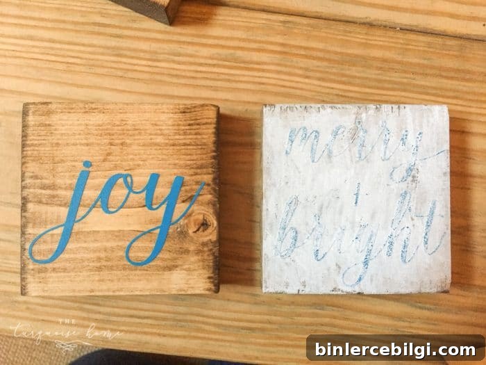 Create a simple wooden sign with a cute saying and create a rustic, farmhouse Christmas look for cheap!