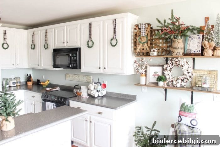 Open Farmhouse Christmas Shelves in Kitchen