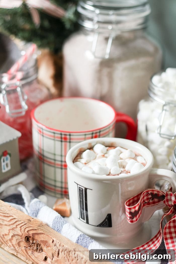 hot cocoa bar and hot choclate in a mug with marshmallows on top. 