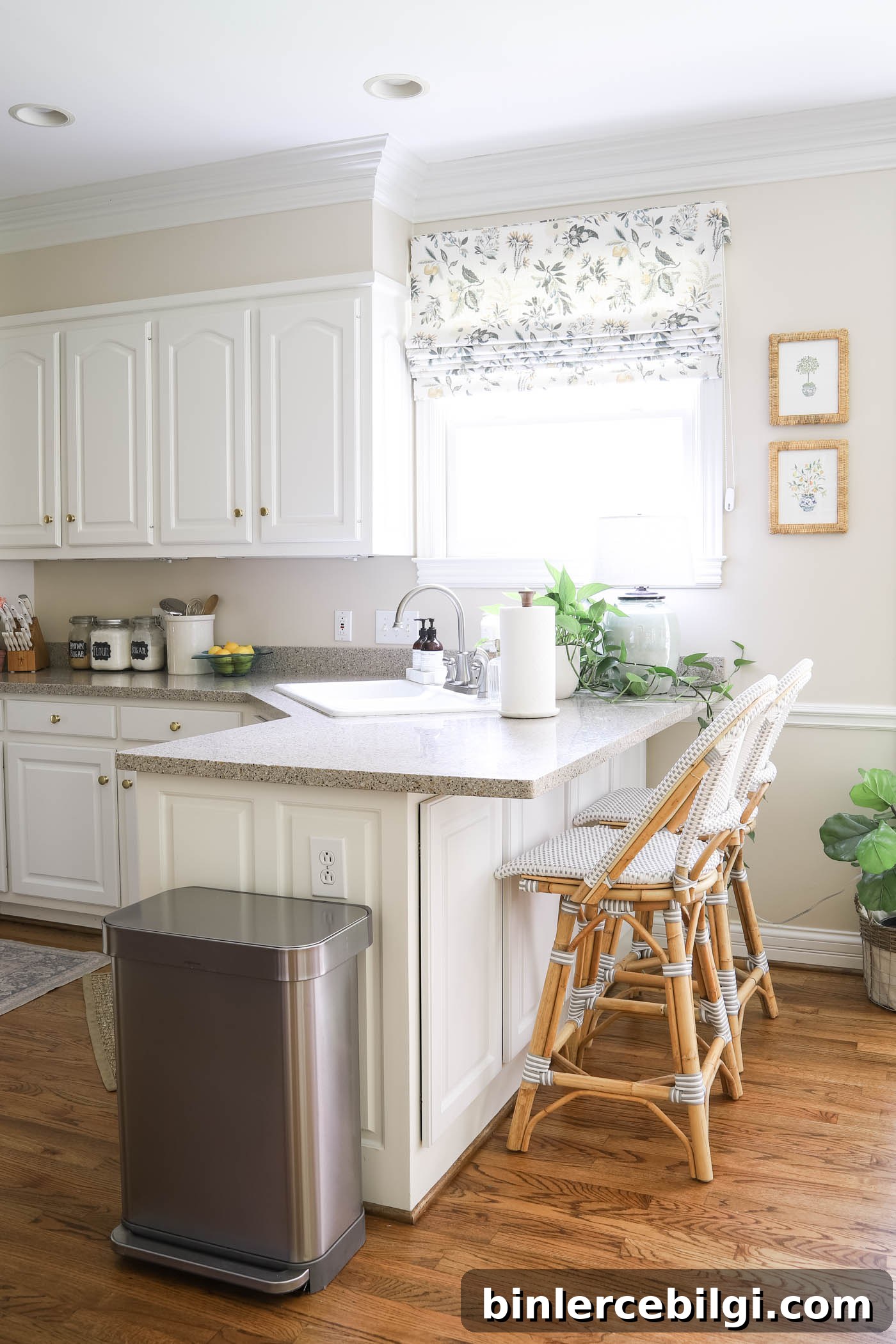 kitchen with rattan counter stools.
