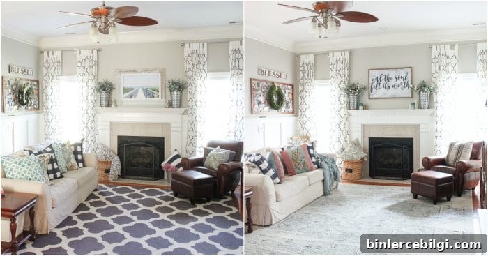 Side-by-side view of the living room with old and new rugs
