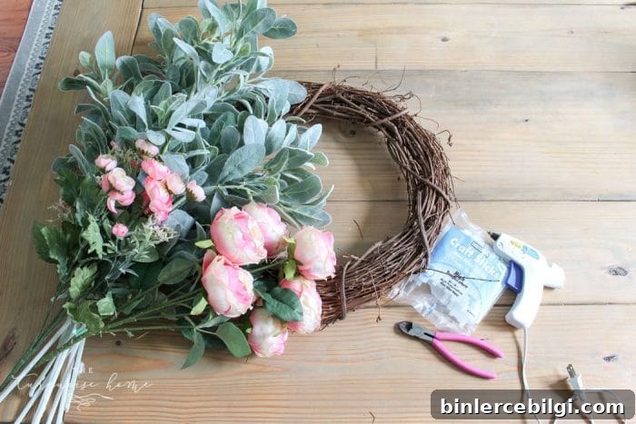 DIY Simple Spring Wreath with Peonies and Lamb's Ear