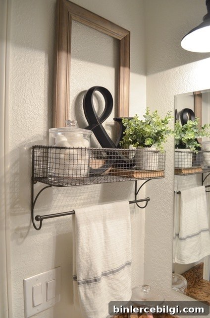 Farmhouse Bathroom Essentials: Key Design Elements 8 Organized farmhouse bathroom with open storage