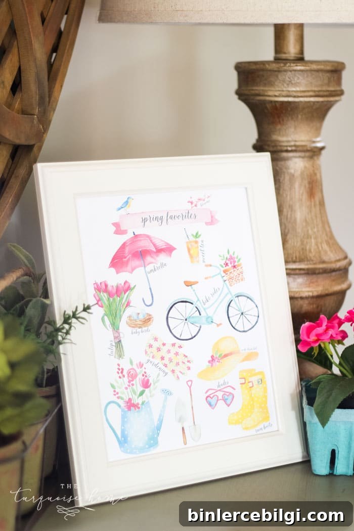 Download this Spring Favorites Free Printable with birds, blooms, and rainboots. And gather inspiration from a fresh, flowery spring vignette.
