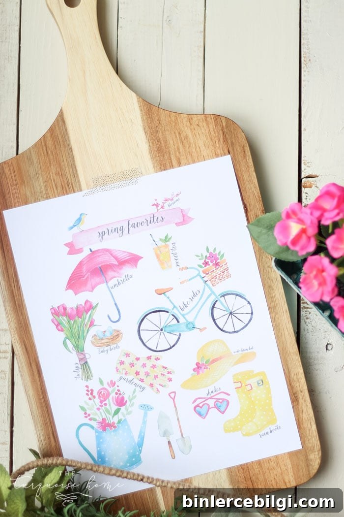 Download this Spring Favorites Free Printable with birds, blooms, and rainboots. And gather inspiration from a fresh, flowery spring vignette.