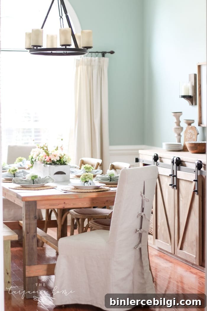 Farmhouse Spring Decorating in the Dining Room | Blue and Green spring decor
