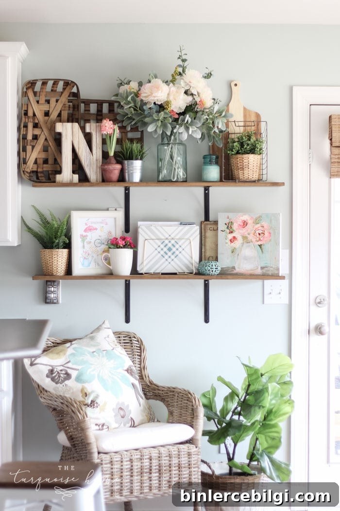 Farmhouse Spring Decorating Ideas - Open Shelves in the Kitchen!