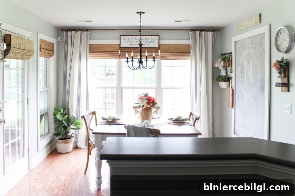 After: refreshed kitchen with new curtains and bamboo blinds