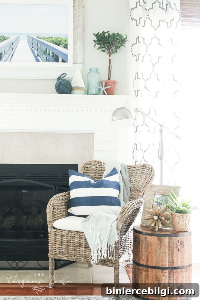 Add a little nautical charm to your living space with these simple coastal summer mantel decor ideas. Featuring DIY beach canvas art, blue & white starfish, textured sailor's knot and cheerfully striped sail boats, this mantel looks great for the seasonally inspired.