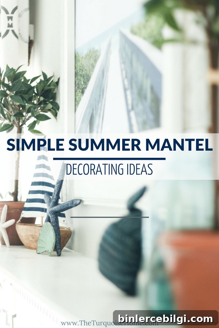 Simple Summer Mantel Decorating Ideas - Check them out here: https://theturquoisehome.com/coastal-summer-mantel-decor/ |  Add a little nautical charm to your living space with these simple coastal summer mantel decor ideas. Featuring DIY beach canvas art, blue & white starfish, textured sailor's knot and cheerfully striped sail boats, this mantel looks great for the seasonally inspired.