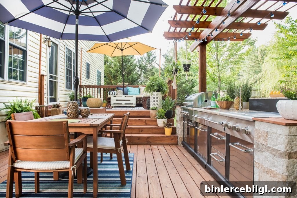 Stunning Outdoor Kitchen Makeover with umbrella and table