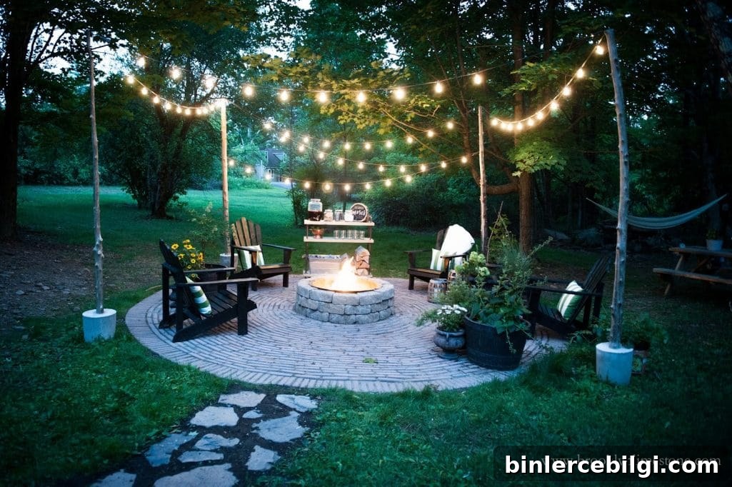 Outdoor Open Concept Fire Pit with string lights