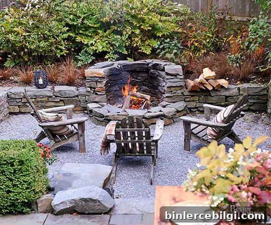 Dreamy Rock Fire Pit sitting area with wooden Adirondack chairs.