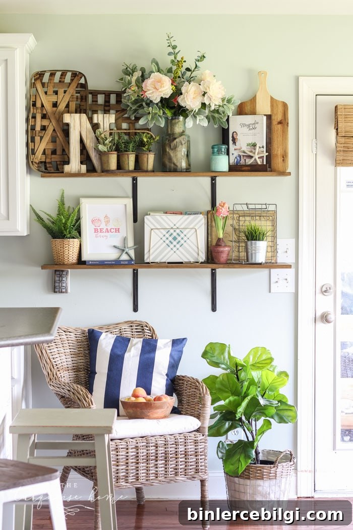 Coastal Summer Open Shelves in the Kitchen - so cute and summery! Love the free summer printables, too!