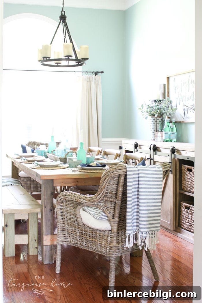 Coastal Decor Ideas for Dining Rooms and Foyers 2 Dining room styled with coastal decor featuring turquoise jars and shells