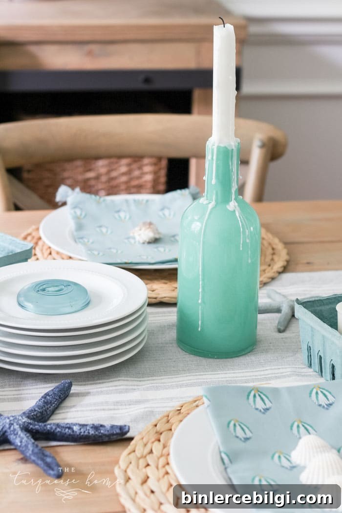Coastal Decor Ideas for Dining Rooms and Foyers 10 Candles on turquoise vases for a beachy mood