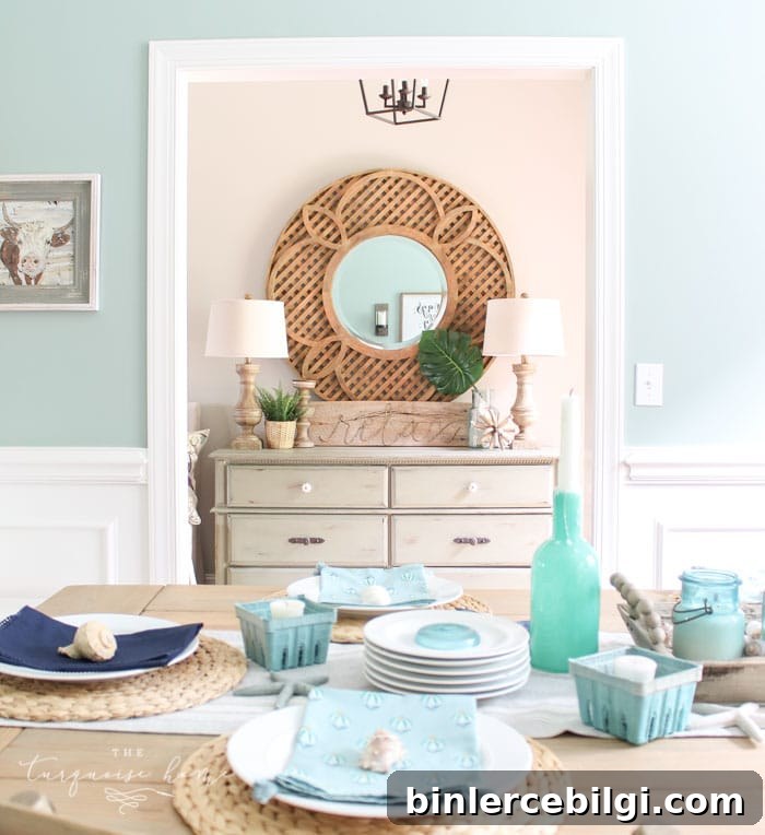 Coastal Decor Ideas for Dining Rooms and Foyers 14 Final coastal dining room shot with turquoise accents