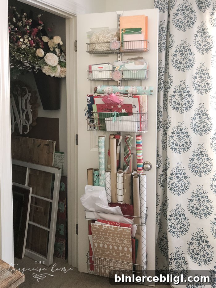 Organize your gift wrapping supplies with this over-the-door system!