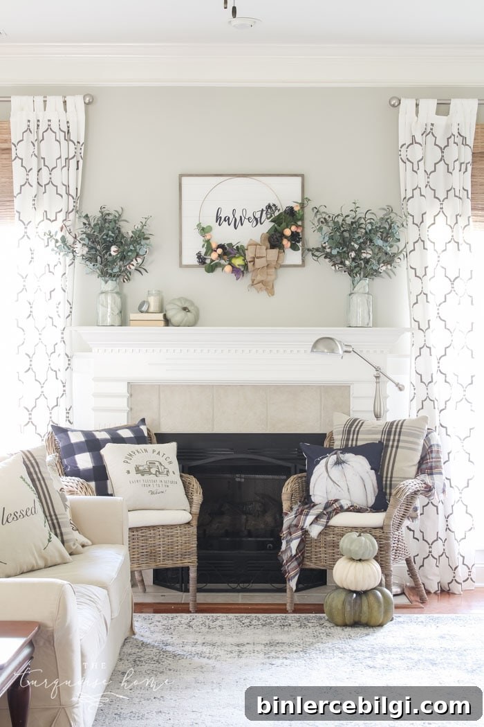 Beautiful, simple fall harvest mantel decor!