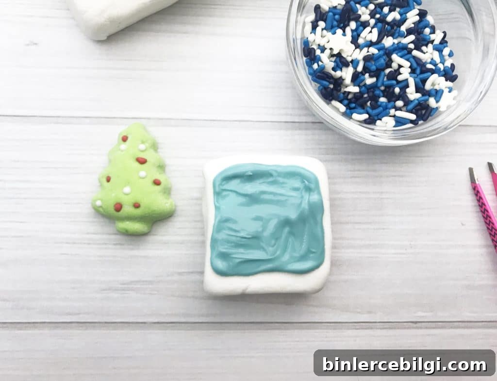Pour the blue candy on the marshmallow