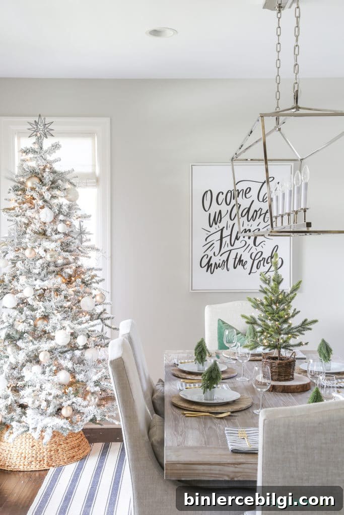 Flocked Christmas tree in dining room with woven tree collar