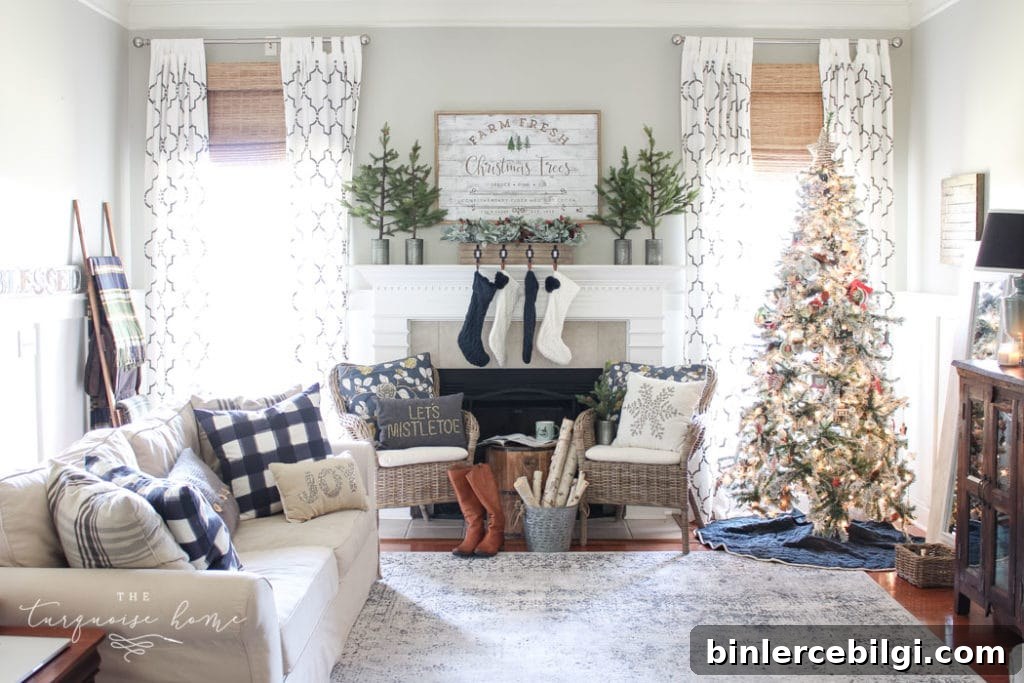 Farmhouse-style living room with flocked Christmas tree.