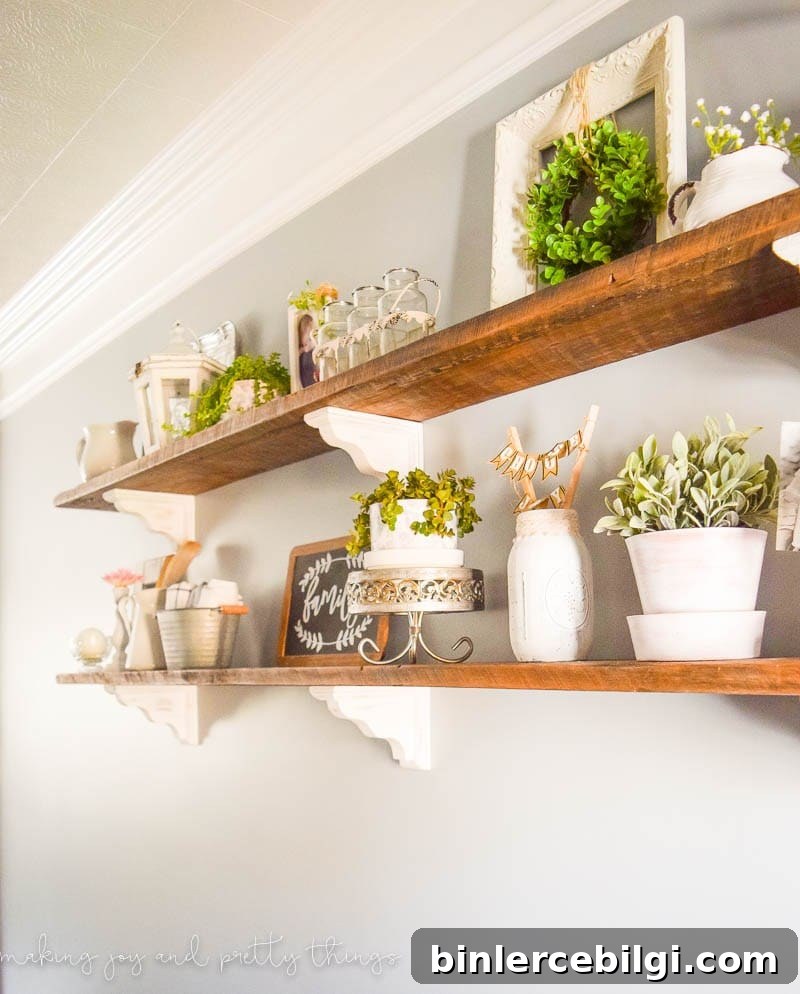 rustic farmhouse open shelves held up with white corbels.