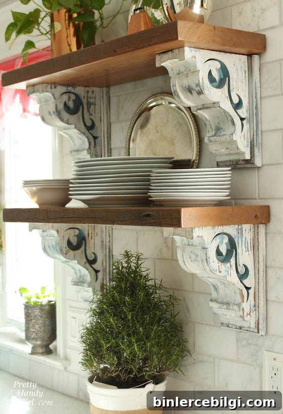 reclaimed shelves and gorgeous corbels from Pretty Handy Girl.