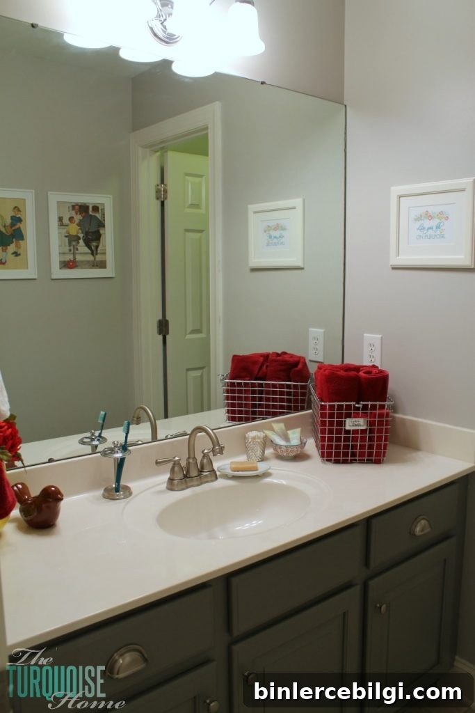 Traditional-Americana Guest Bathroom Update: painted walls, cabinets, new hardware and a punch of color!