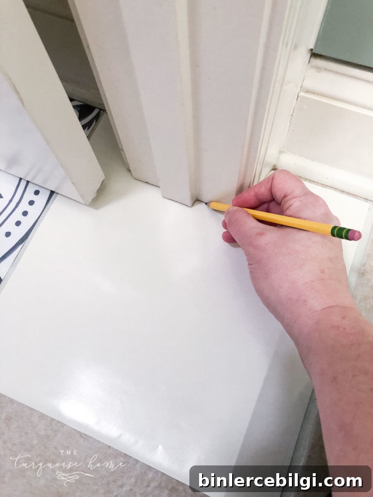 DIY Peel and Stick Vinyl Tile Flooring --> use an old backing to trace the odd angles