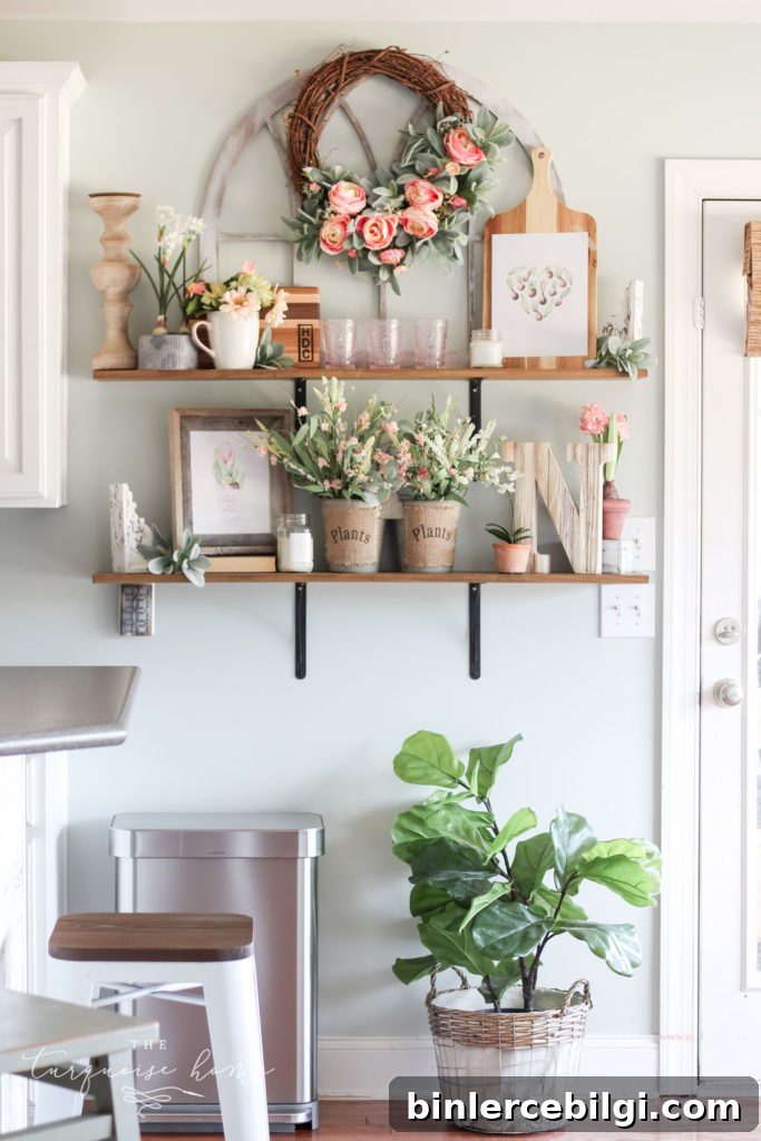 Spring Home Tour at a Flower Shop: Floral Home Decor Ideas 10 Flower Shop in the kitchen open shelves!