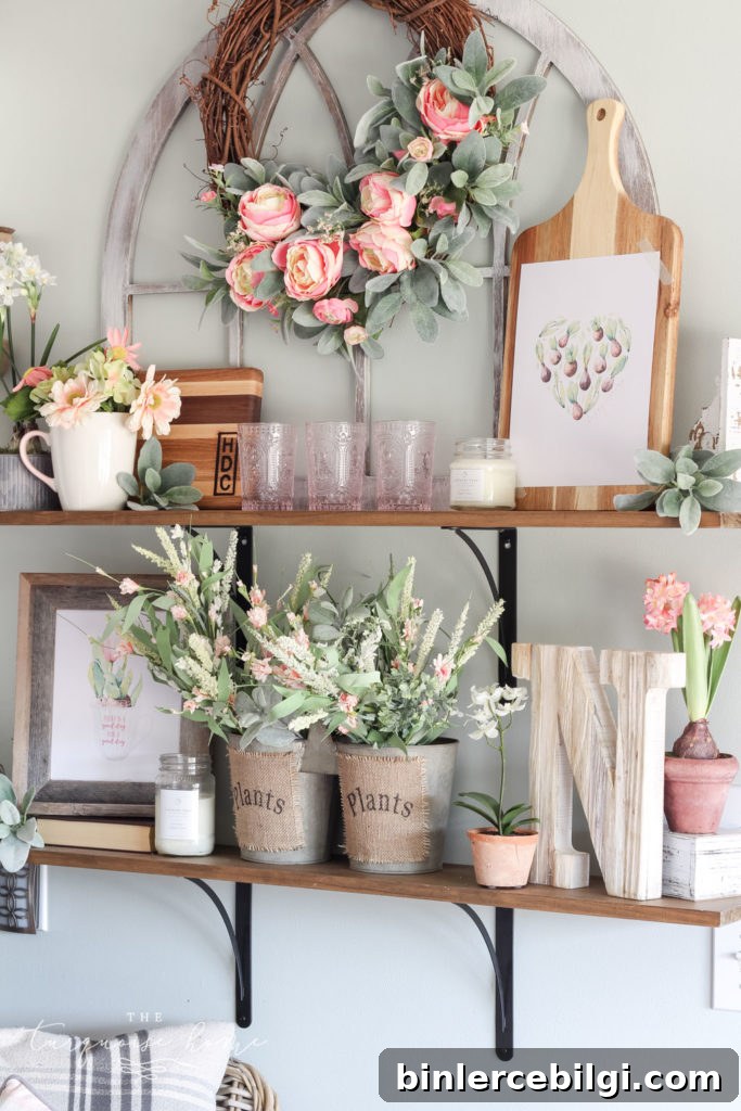 Spring Home Tour at a Flower Shop: Floral Home Decor Ideas 15 The flower shop in my kitchen - so cute for decorating open shelves!