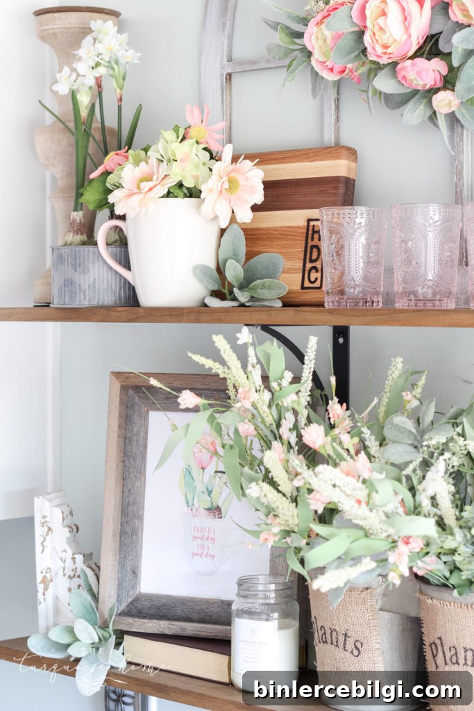 Spring Home Tour at a Flower Shop: Floral Home Decor Ideas 16 All the pretty flowers in the open kitchen shelves - remind me that spring is coming soon!