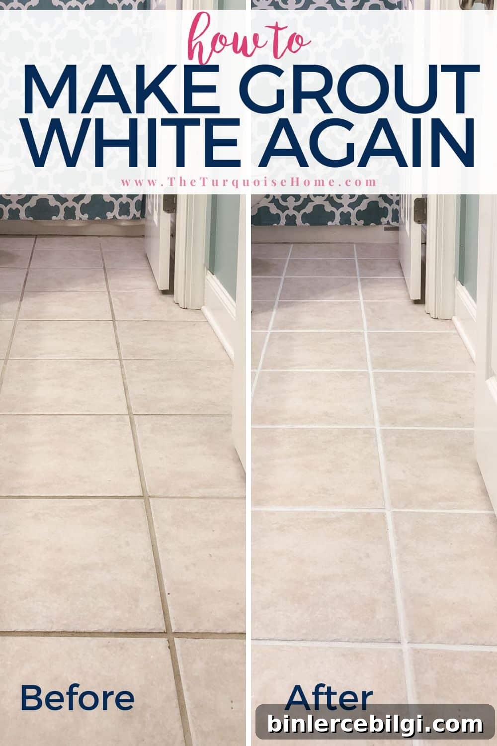Before and after photos of using white grout paint.