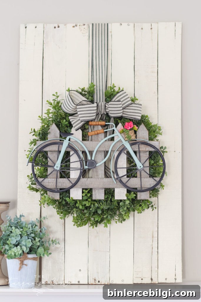 DIY Boxwood Bicycle Wheel Wreath for Front Door 2 Boxwood and Bicycle DIY Spring Wreath