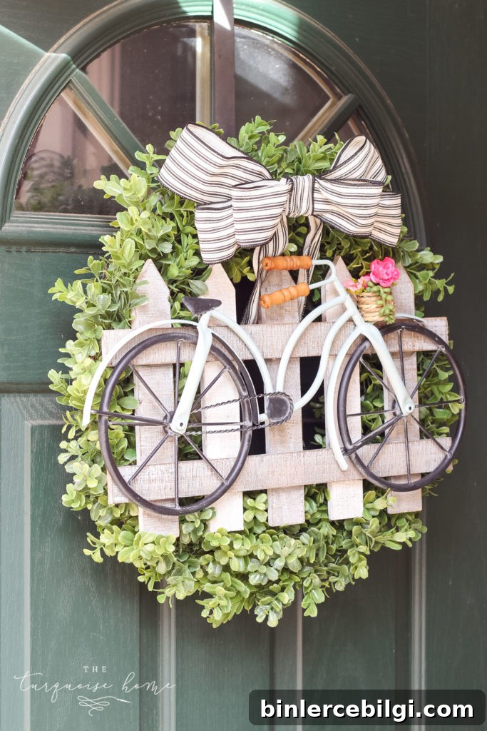DIY Boxwood Bicycle Wheel Wreath for Front Door 3 DIY Boxwood and Bicycle Spring Wreath