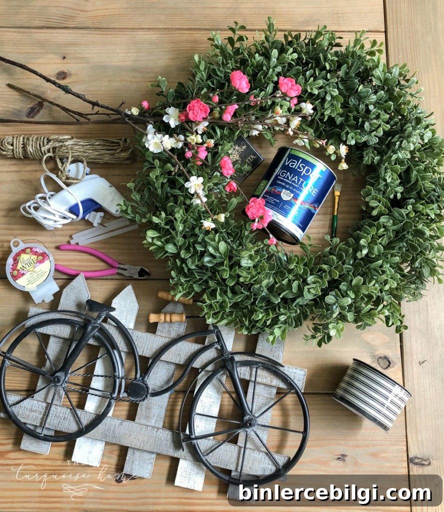 DIY Boxwood Bicycle Wheel Wreath for Front Door 4 DIY Boxwood and Bicycle Spring Wreath - supplies to make the wreath