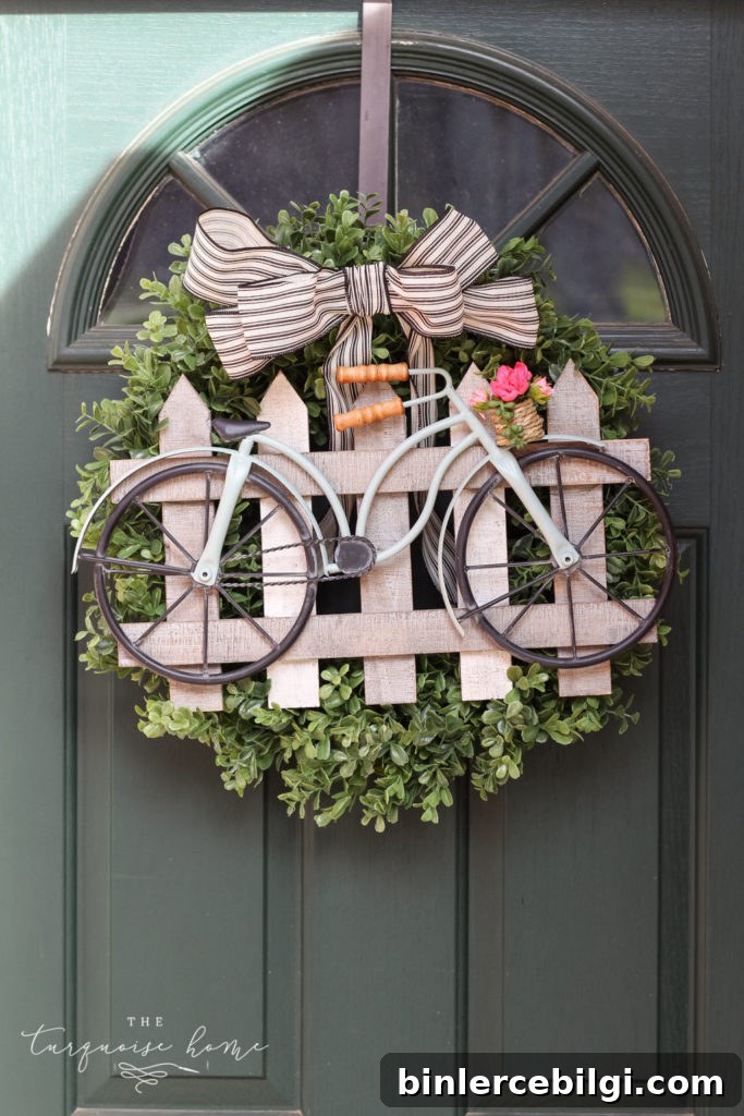DIY Boxwood Bicycle Wheel Wreath for Front Door 8 DIY Boxwood and Bicycle Spring Wreath - easy 5-step DIY project!