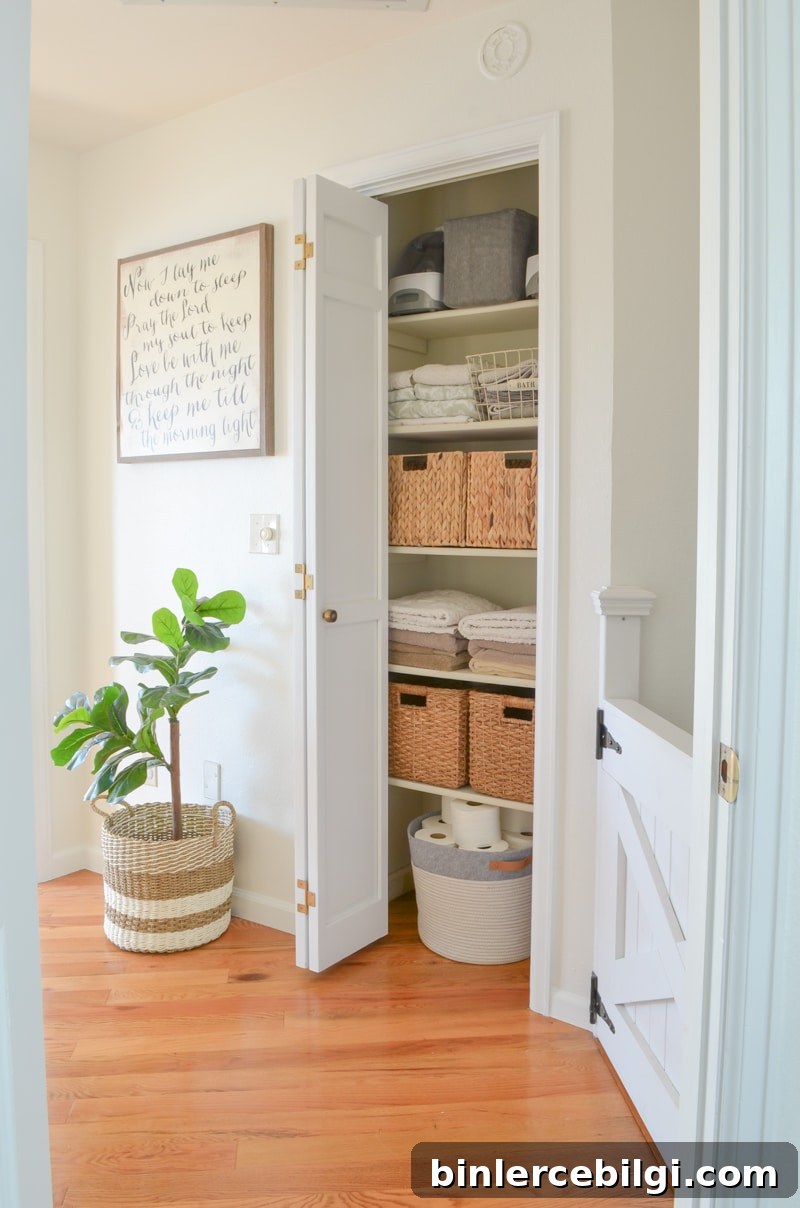 Beautiful linen closet with a cloth bin for toilet paper