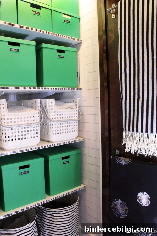 Lidded boxes in a linen closet