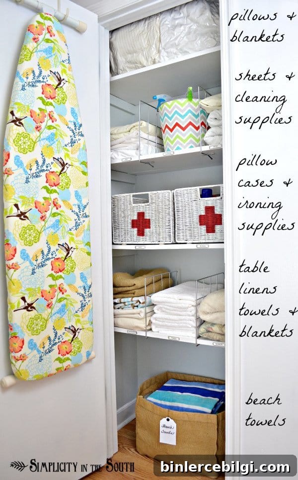 Seasonal items stored on top shelf of linen closet
