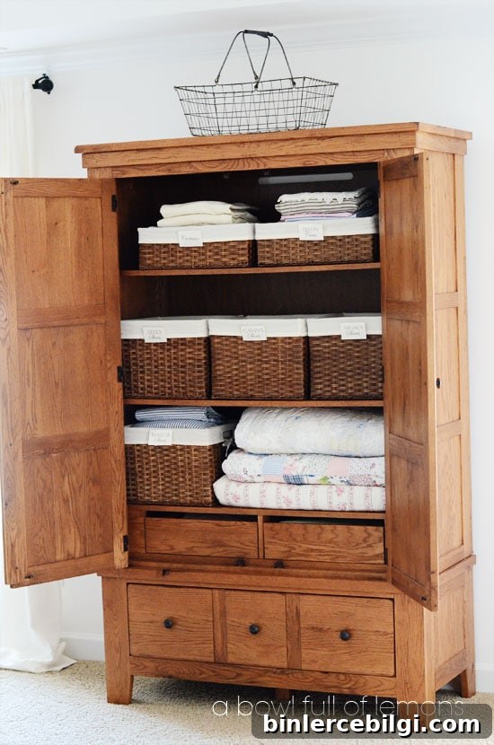 Large armoire used as a linen closet