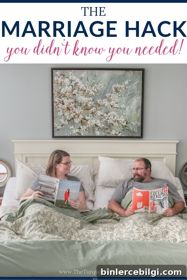 Couple smiling at each other in two twin beds reading magazines