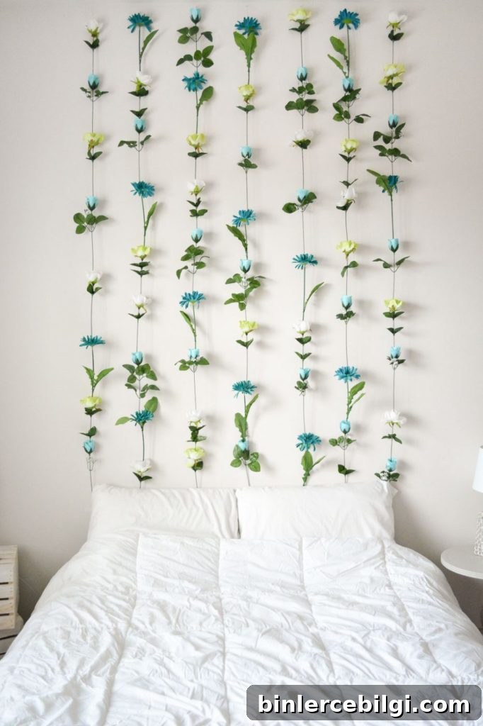 How to make a headboard: 13 Beautiful DIY Headboard Ideas - Make a quick headboard from handing flowers from the ceiling!