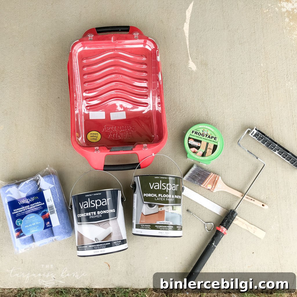 How to Paint a Concrete Patio for Long-Lasting Results 4 How to Paint a Concrete Patio - supplies you will need: paint roller, paint tray, porch paint, painter's tape